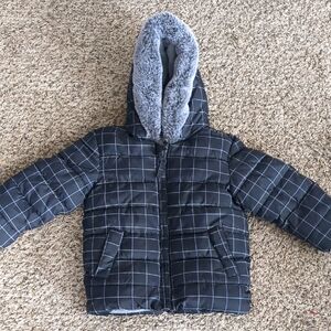 Children's Black Grid Puffer Jacket with Faux Fur Hood